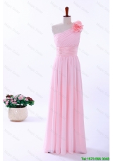 New Style Custom Made Empire One Shoulder Hand Made Flowers Prom Dresses in Baby Pink