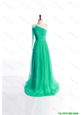 Unique Affordable Appliques Green Long Prom Dress with Sweep Train for 2016