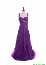 Pretty Cheap Appliques and Beading Eggplant Purple Prom Dresses with Sweep Train