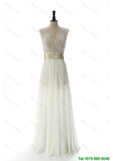 New Style Discount White Long Prom Dresses with Beading and Belt for 2016