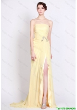 Beautiful Strapless Beaded and High Slit Prom Dresses in Yellow