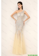 Elegant Discount Champagne One Shoulder Prom Dresses with Side Zipper