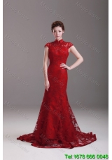 2016 Spring Exquisite Cap Sleeves Mermaid Wine Red Wedding Dresses with Brush Train