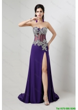 Popular Brush Train Prom Dresses with Beading and High Slit