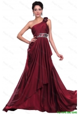 Wine Red Long Prom Dress with Beading and Hand Made Flowers