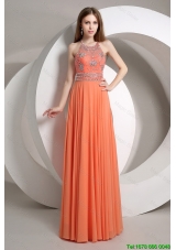 New Arrivals Hot Sale Elegant Beaded Empire Orange Prom Dresses with Halter Top