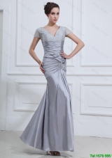 Wonderful New Arrivals Hot Sale  Mermaid V Neck Prom Dresses with Beading in Silver
