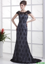 Luxurious Column Lace Black Prom Dresses with Brush Train