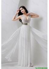 Classical Empire V Neck White Prom Dresses with Beading and Belt