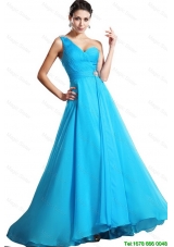 Elegant One Shoulder Aqua Blue Prom Dresses with Brush Train