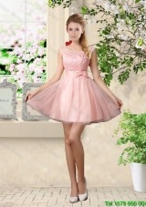 Sturning A Line Bateau Prom Dresses with Lace and Bowknot