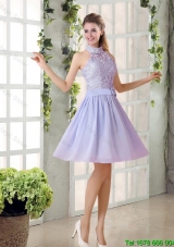 Beautiful A Line High Neck Lace Prom Dresses with Lavender
