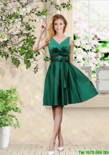 Wonderful V Neck Bowknot Hunter Green Prom Dresses with Knee Length