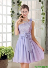 Custom Made A Line One Shoulder Lace and Bowknot Prom Dresses