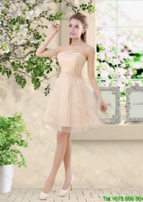New Style Strapless Appliques and Belt Prom Dresses in Champagne