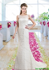 Luxurious Column Scoop Court Train Wedding Gowns with Lace