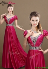 Pretty Empire V Neck Beading Prom Dresses with Short Sleeves
