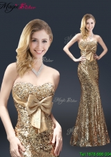 Fall Column Sequins Prom Dresses with Bowknot in Gold