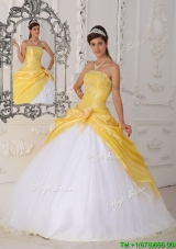 2016 Modest Hand Made Flower Quinceanera Dresses in Yellow and White