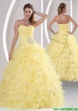 Inexpensive Appliques and Ruffled Layers In Stock Quinceanera Dresses