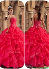 2016 Modest Beading and RufflesPlus Size Quinceanera Dresses in Coral Red