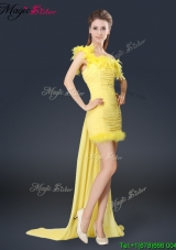 Plus Size One Shoulder Watteau Train Prom Dresses in Yellow