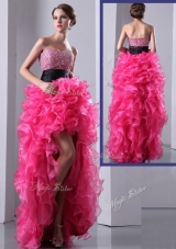 2016 Exquisite High Low Hot Pink Prom Dress with Ruffles