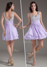 2016 Simple Straps Mini Length Lavender Prom Dress with Beading
