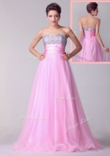 Lovely A Line Brush Train Rose Pink  Pageant Dresses with Beading for Spring