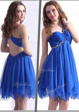 New Best One Shoulder Blue Short Prom Dresses with Beading
