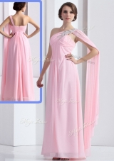 New Elegant One Shoulder Baby Pink Prom Dress with Ruching and Beading