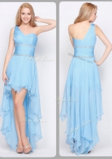 2016 Inexpensive One Shoulder High Low Sexy Prom Dresses with Beading