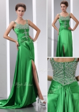 Luxurious Column Beading and High Slit Pageant Dresses with Court Train