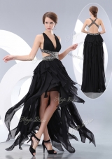 2016 New Style V Neck High Low Sexy Prom Dresses in Black
