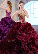 Best Brush Train Ruffles and Appliques Sweet Fifteen Dresses Gowns in Wine Red