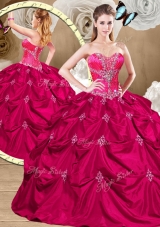 Luxurious Hot Pink Sweet 15 Dresses with Appliques and Pick Ups