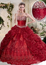 Gorgeous Brush Train Wine Red Quinceanera Gowns with Embroidery