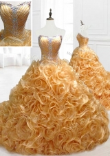 Custom Make Sweetheart Rolling Flowers Brush Train Quinceanera Dresses with Beading