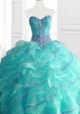 Custom Make Aqua Blue Sweet 16 Dresses with Beading and Ruffles