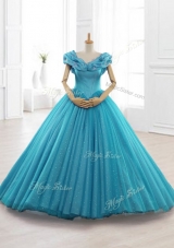 In Stock  Cap Sleeves Teal Quinceanera Gowns with Appliques