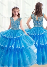 2016 Pretty V Neck Baby Blue Fashionable Little Girl Pageant Dresses with Ruffled Layers