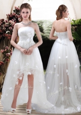 2016 Modern Strapless Appliques and Belt Zipper Up Wedding Dresses with High Low