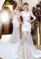 2016 Exquisite Column Scoop Brush Train Appliques Wedding Dresses with Half Sleeves