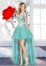 2016 Aqua Blue High Low Cheap Prom Dresses with Appliques