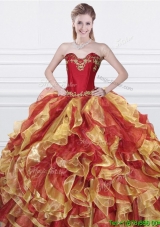 Romantic Applique and Ruffled Organza Quinceanera Dress in Red and Yellow