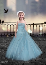 Spaghetti Straps Beaded Little Girl Pageant Dresses in Light Blue