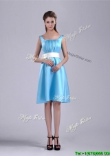 Simple Belted and Ruched Aqua Blue Dama  Dress in Knee Length