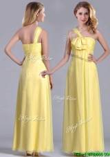 Exclusive One Shoulder Chiffon Yellow Bridesmaid Dress in Ankle Length