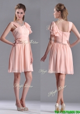 Simple Empire Ruched Peach Bridesmaid Dress with Asymmetrical Neckline