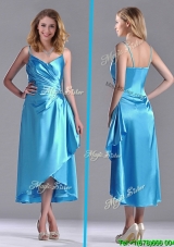 Classical Spaghetti Straps Baby Blue Bridesmaid Dress in Tea Length